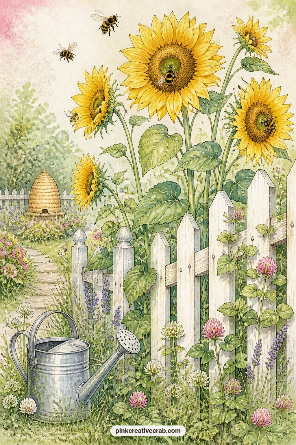 Sunflowers Along The Fence printable page — Try the five minute version of this page: block in the sunflowers and fence first, add two or three bees last, and