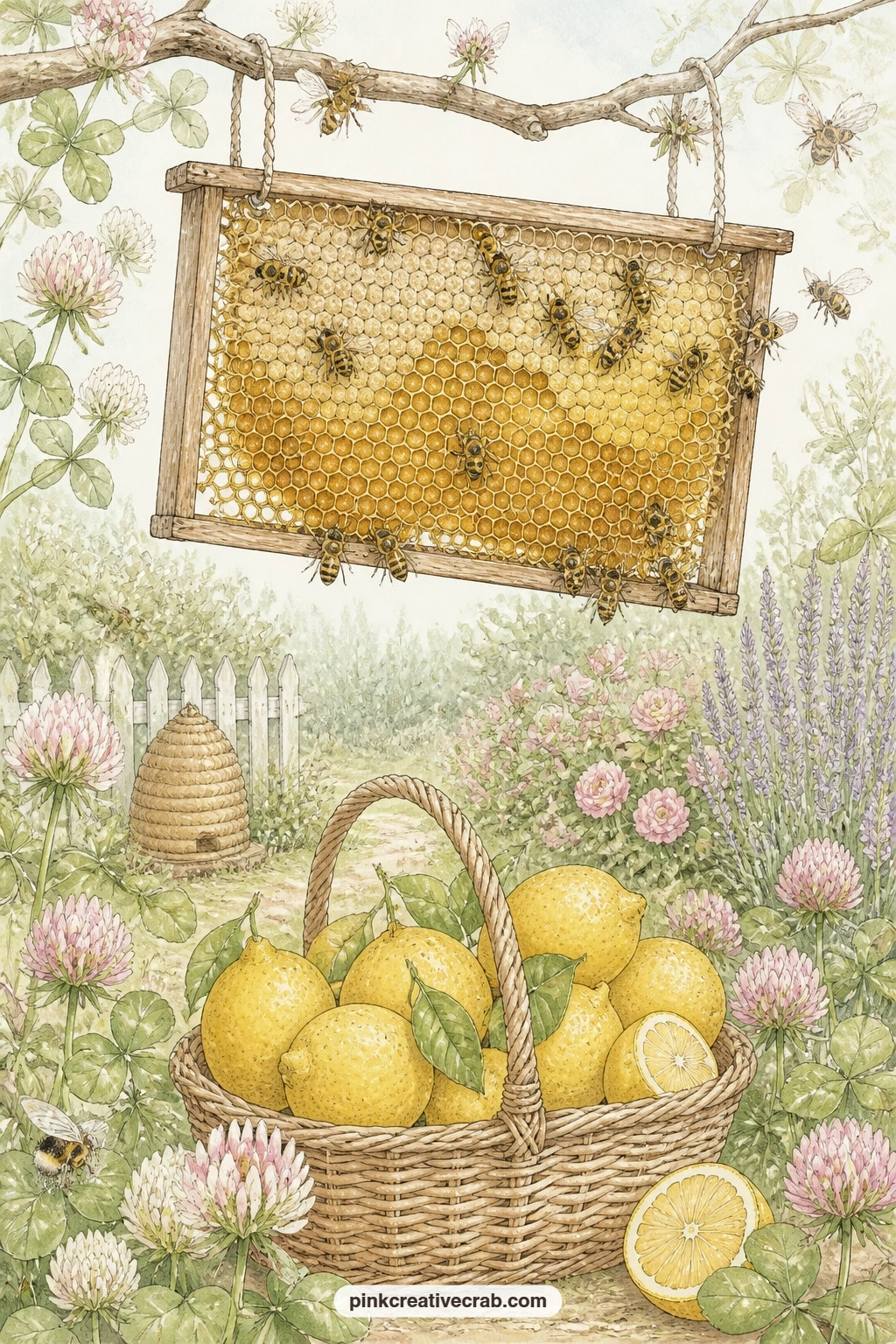 Honeycomb Frame And Lemons printable page — A lifted honeycomb frame drips gently above a basket of lemons, bees still clinging to the golden wax. Bee junk
