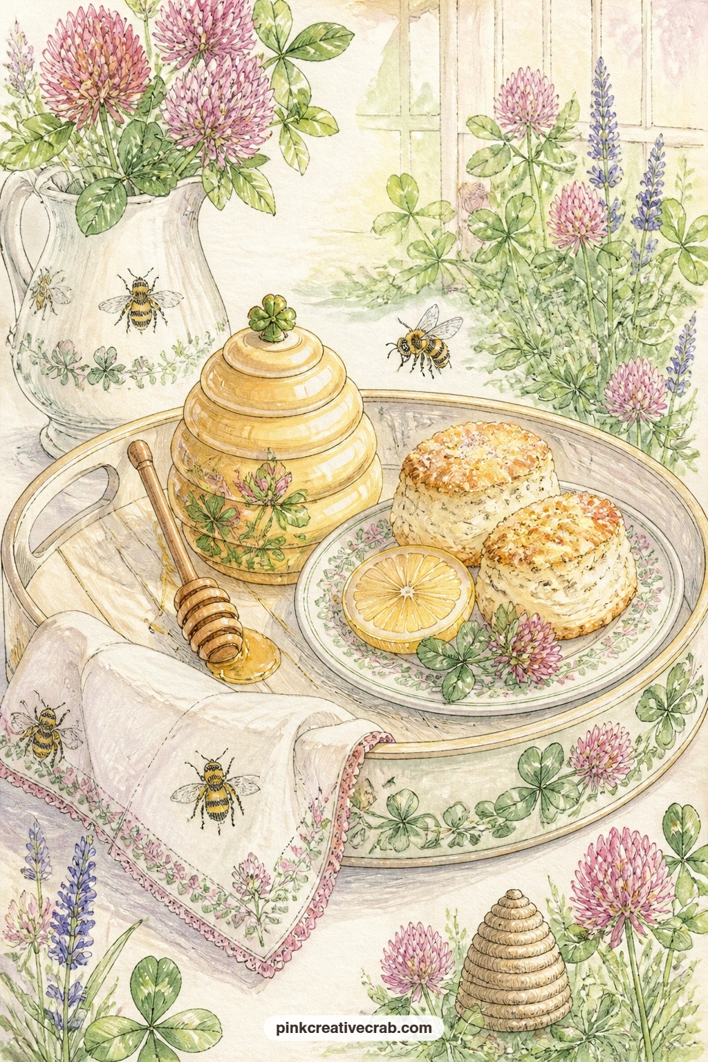 Tea Tray With Honey Pot printable page — This page suits anyone in a gift journal who loves a proper afternoon tea: pair it with a handwritten tea party