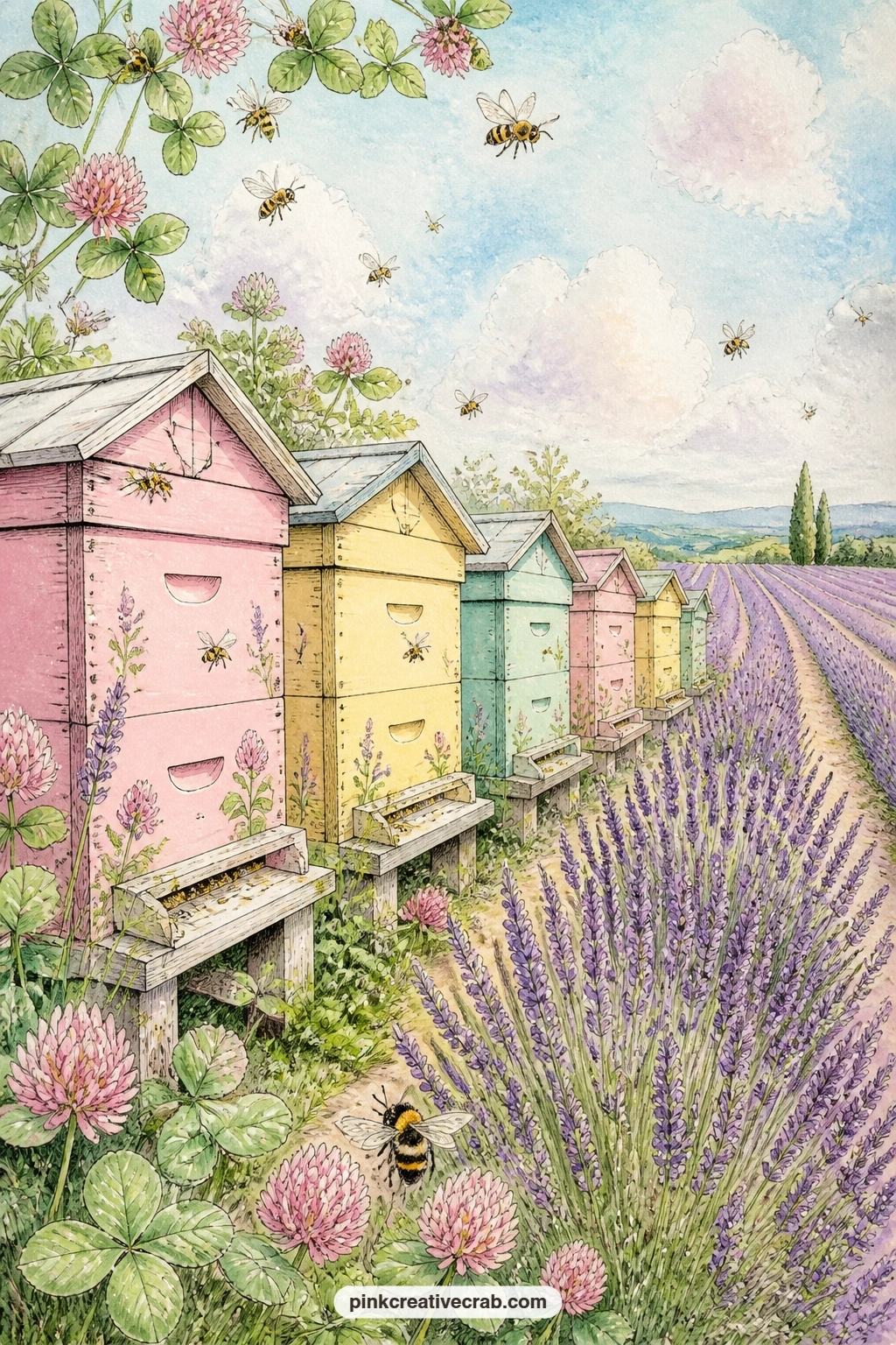 Painted Hives By Lavender Field printable page — A row of painted beehives lines the edge of a lavender field stretching toward a pale horizon. Bee junk journal