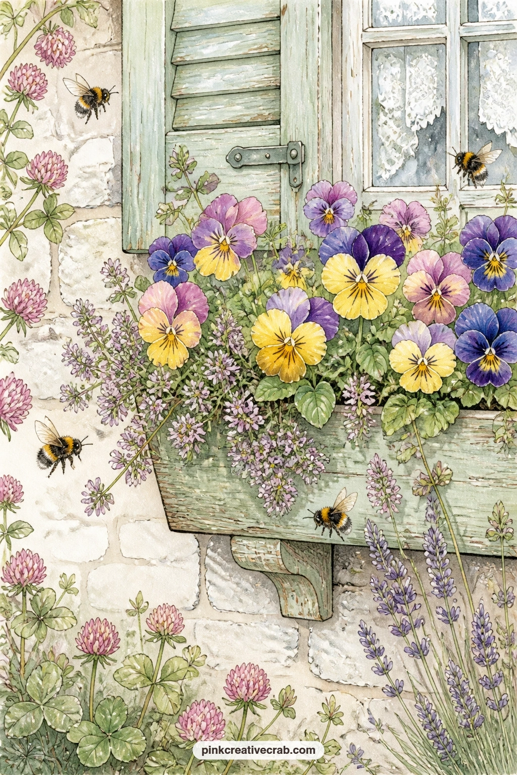 Window Box Of Pansies printable page — Write the answer to this on the page itself: which flower in your own garden draws the most bees, and when does it first