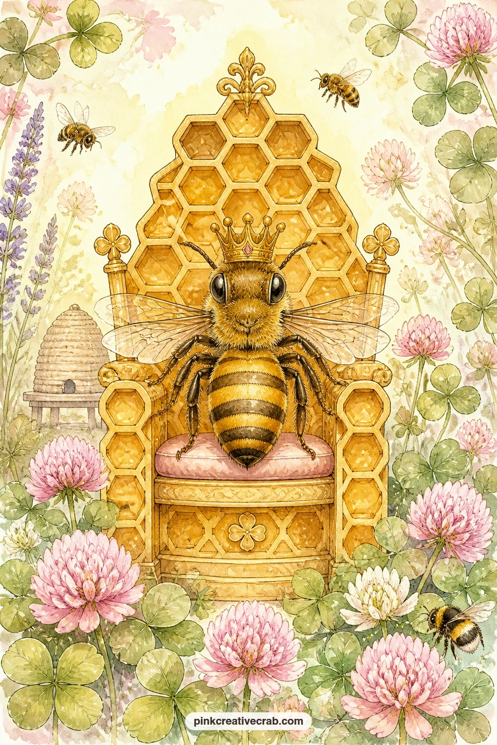 Queen Bee On Her Throne printable page — Place this page across from the honeycomb frame page, so the queen on her throne faces the lifted comb like two halves