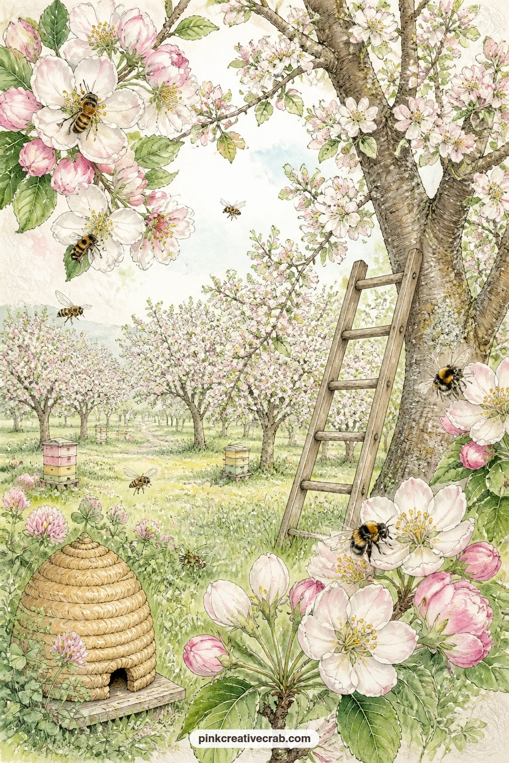 Apple Blossom Orchard printable page — Bees drift between apple blossoms in a spring orchard, a wooden ladder leaning against the nearest tree. Bee junk journal
