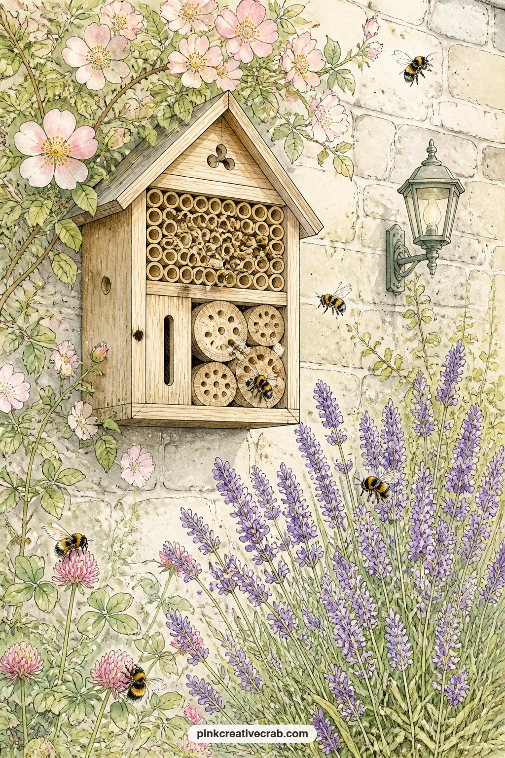 Bee Hotel On The Wall printable page — A bee hotel fixed to a garden wall hosts several solitary bees among catmint blooming at its base. Bee junk journal