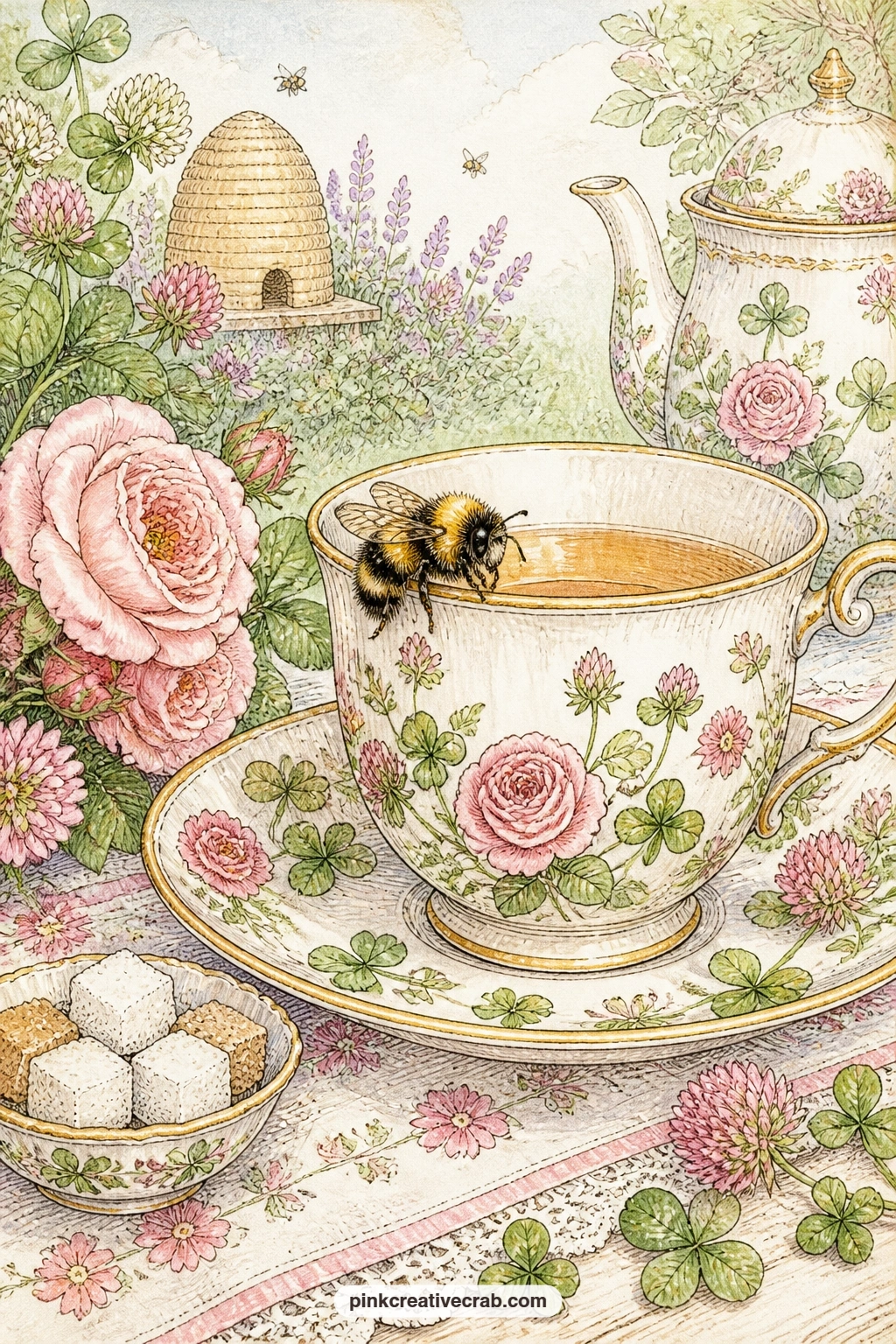 Bumblebee On The Teacup printable page — A common mistake on a teacup page is making the bee too large for the rim. Bee junk journal