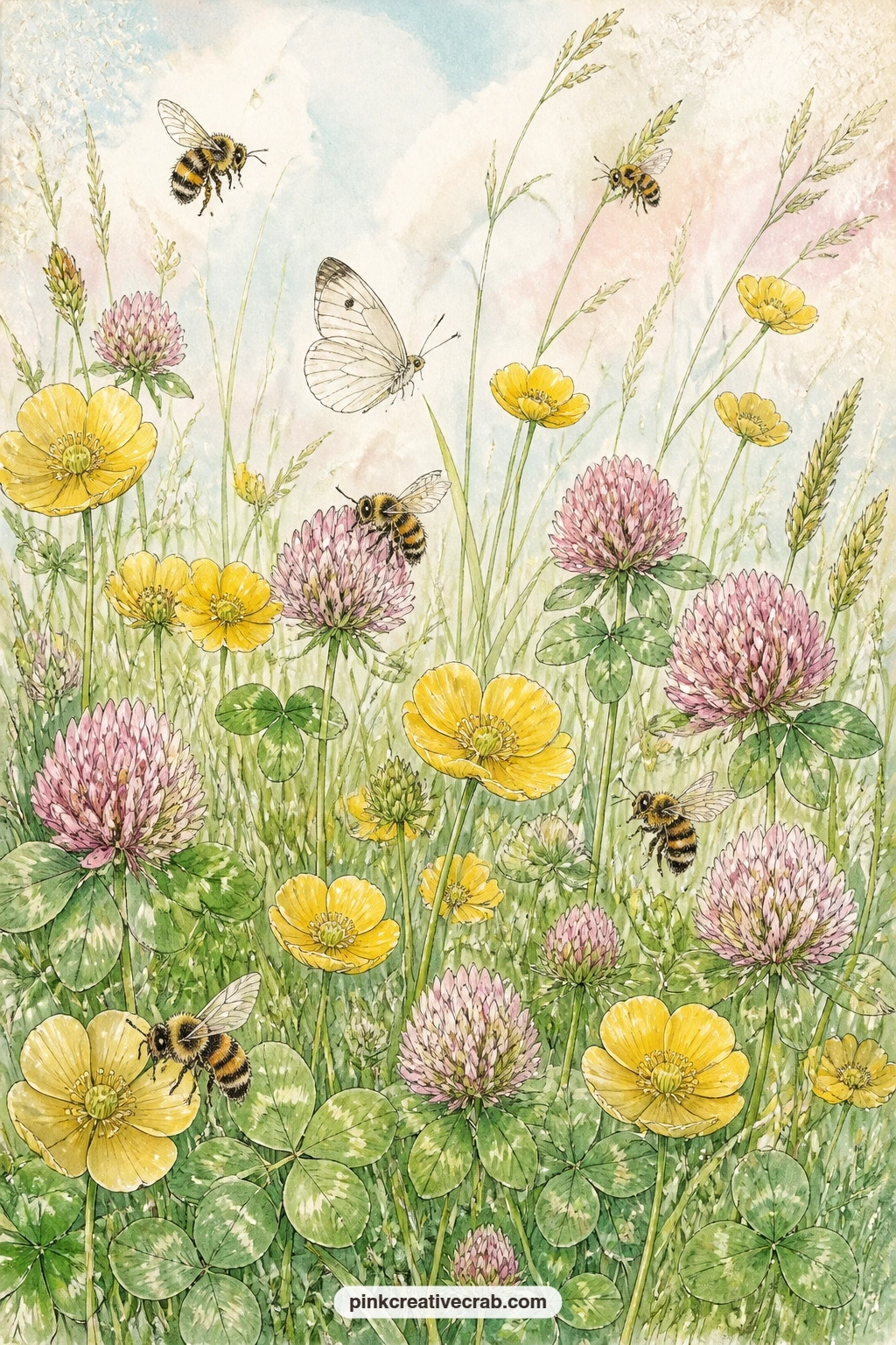 Meadow Of Clover And Buttercups printable page — Here, bees share the clover and buttercups with a single white butterfly drifting low over the meadow grass.