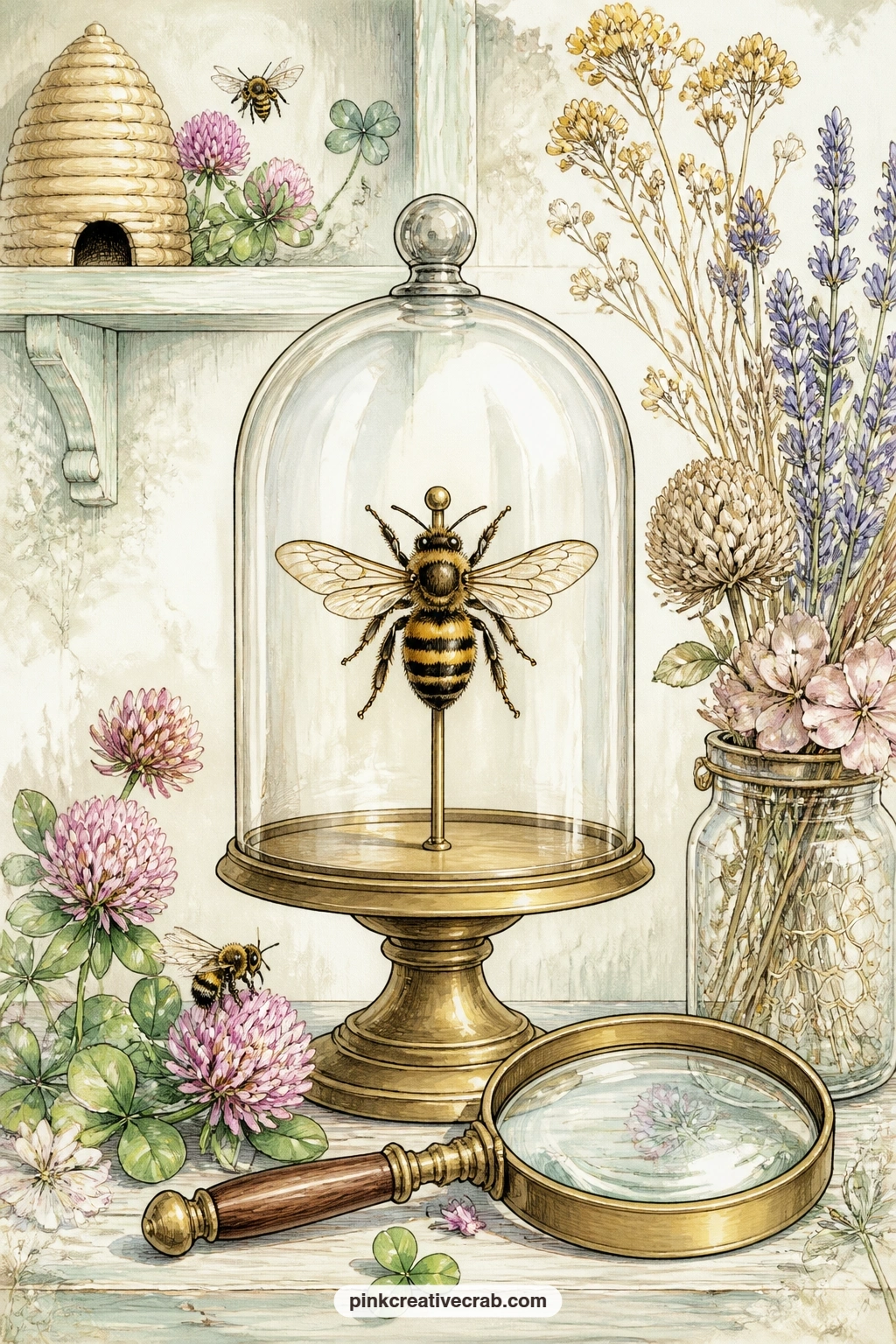 Bee Specimen In A Glass Dome printable page — Try tea-staining just the edge of this page before gluing it in, so the glass dome looks like something pulled