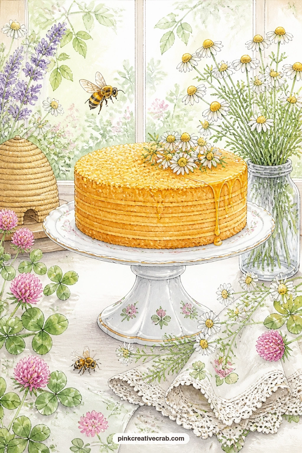 Honey Cake On A Stand printable page — This page suits a reader planning a bee themed gathering: leave a line beneath it for the recipe of whatever honey cake