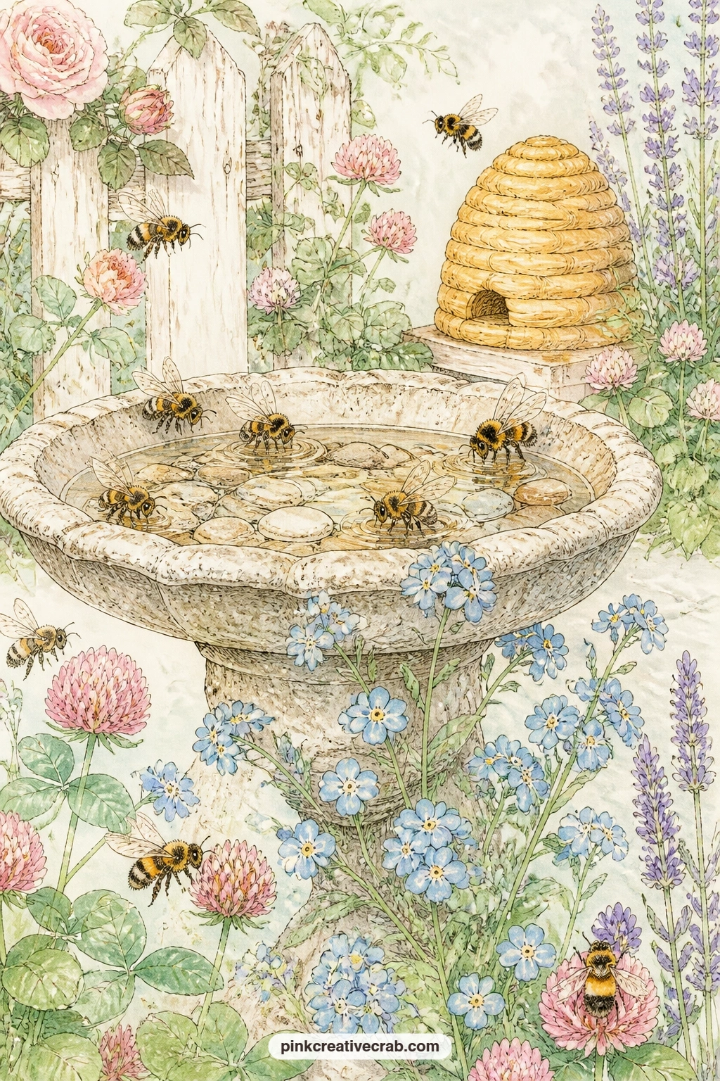 Birdbath Visit printable page — Several bees drink from a shallow birdbath scattered with pebbles, forget-me-nots growing low around its base. Bee junk journal