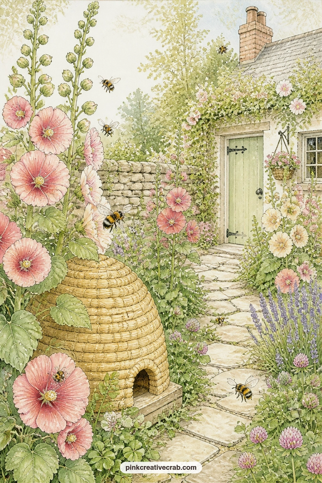 Beekeeper's Cottage Garden printable page — For a quick spread, set this cottage garden page beside the skep hive scene from earlier in the set so both straw