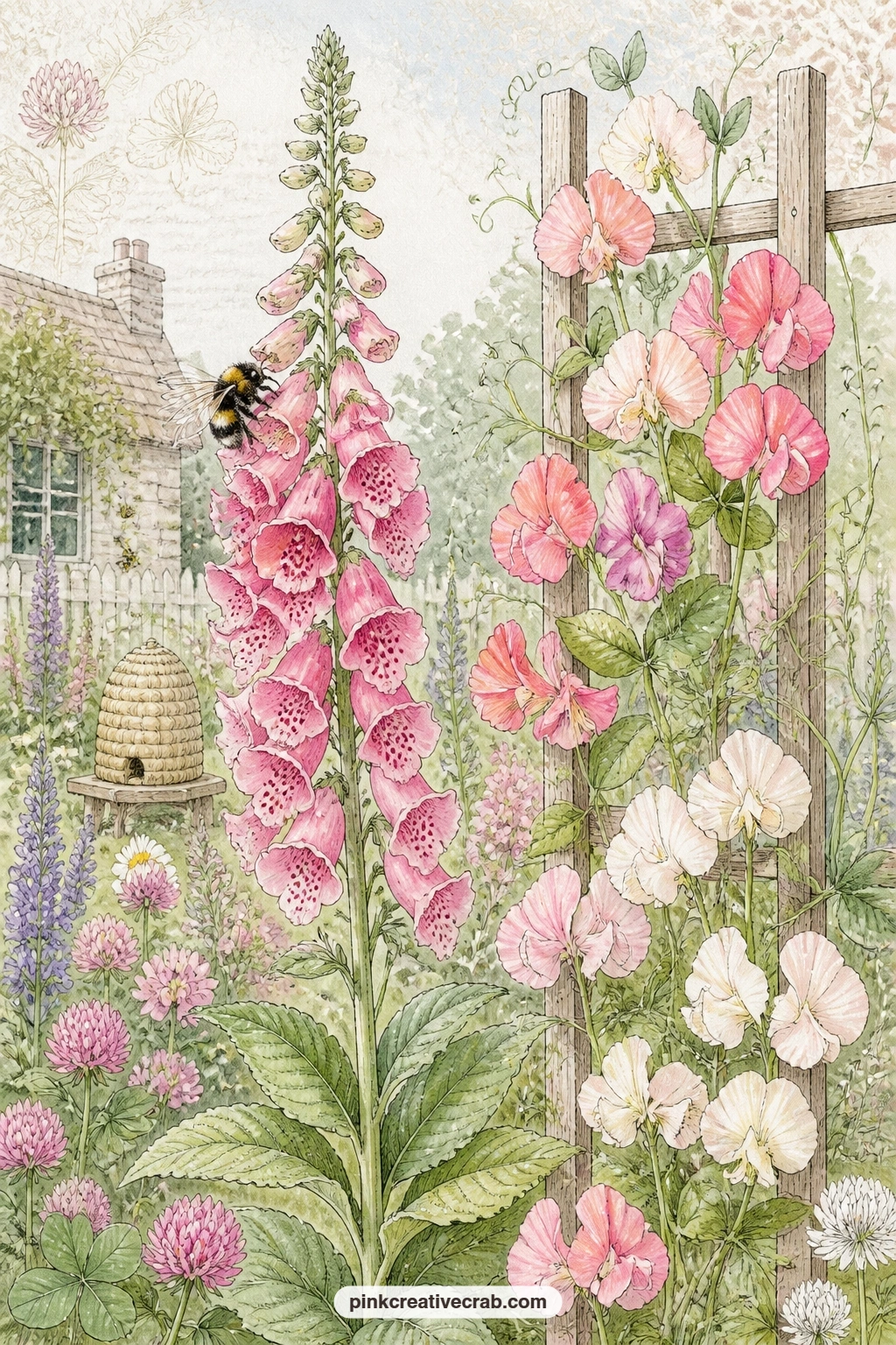 Foxglove And Sweet Peas printable page — A bumblebee climbs a tall foxglove spire while sweet peas twine up a trellis just beside it. Bee junk journal