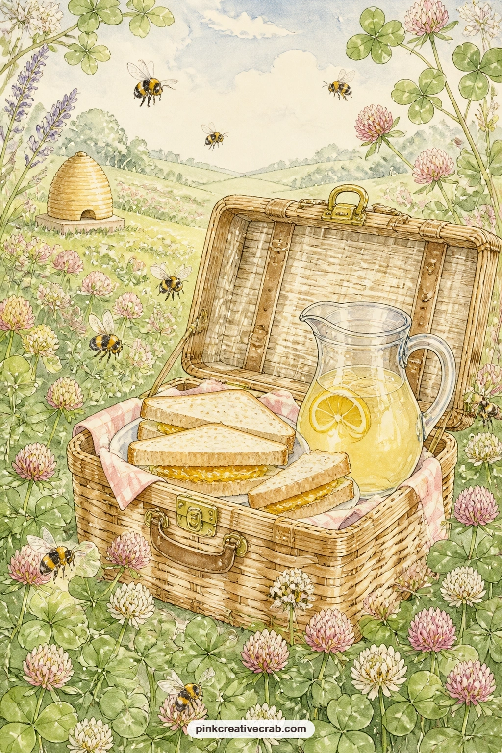 Picnic Basket On Clover printable page — Keep this one for a sunny entry: a page for an actual picnic, or one simply remembered, with honey sandwiches and