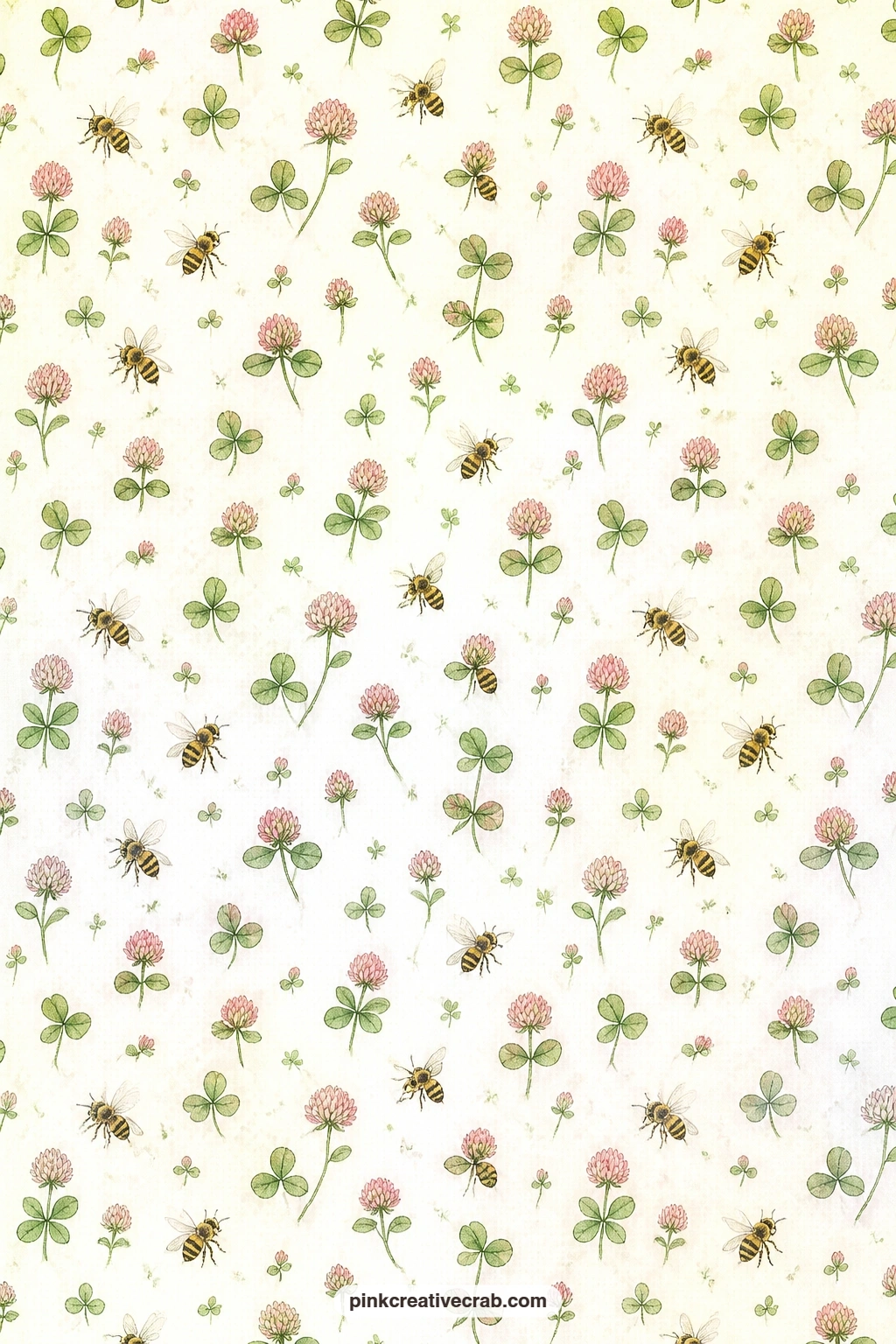 Tiny Honeybees And Clover Pattern printable page — Small honeybees and clover blossoms repeat in an all-over pattern that works well lining a pocket, backing a