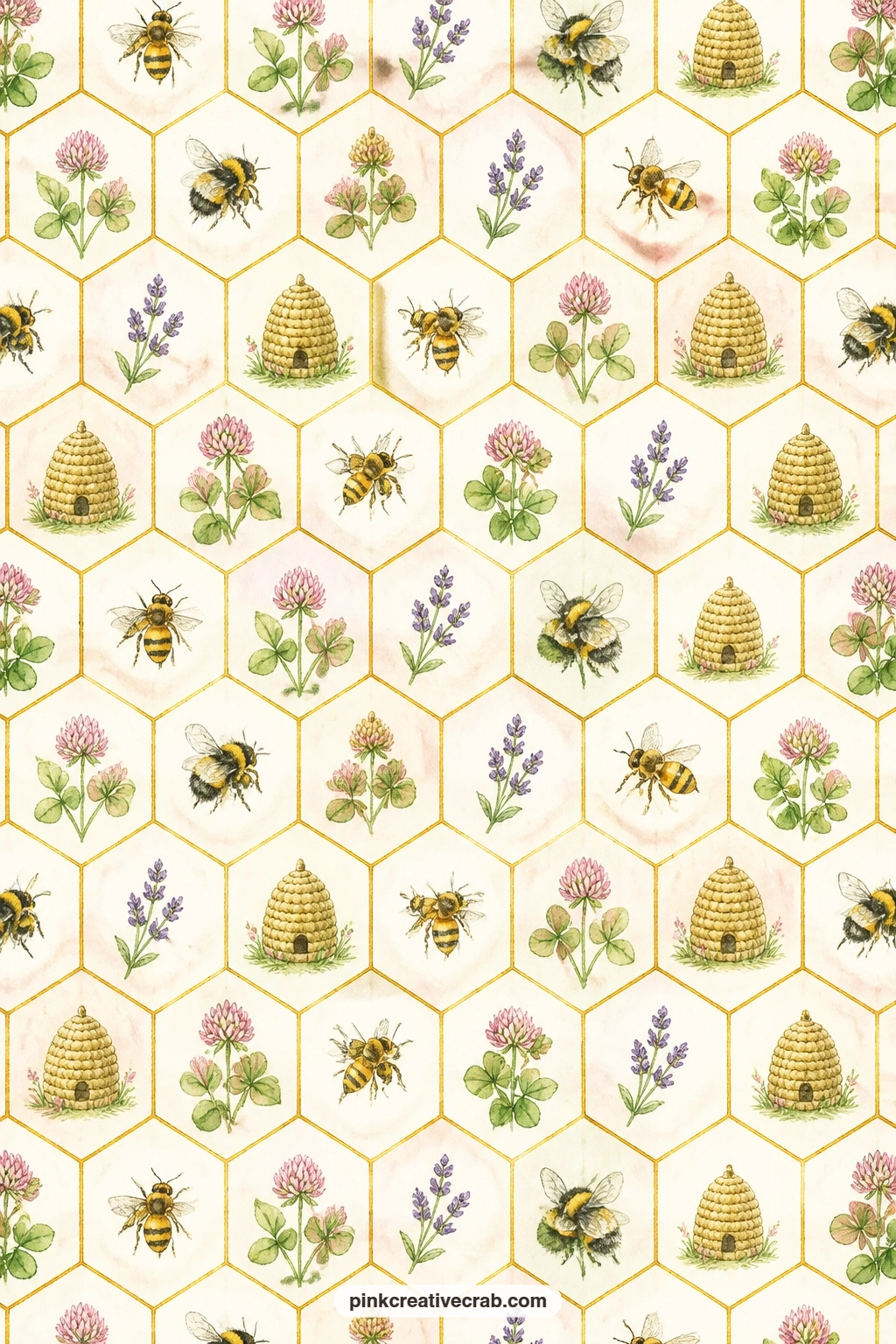 Golden Honeycomb Hexagon Background printable page — This hexagon pattern suits a cover page, a pocket lining or the backing behind a honey jar photo, its warm