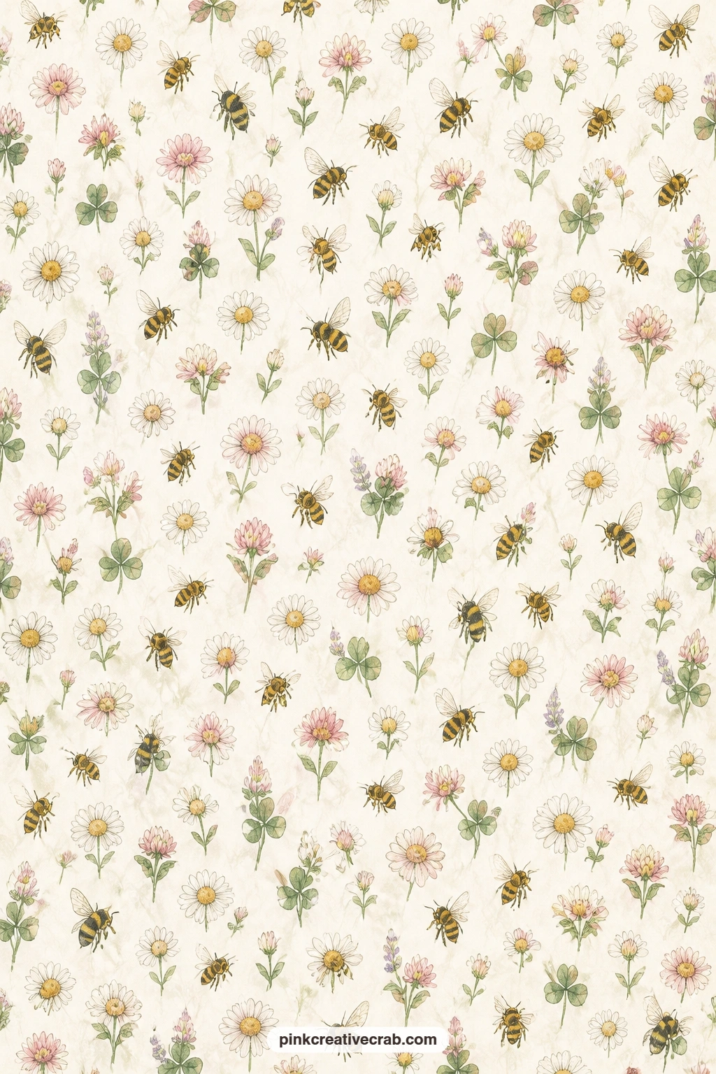Bee And Daisy Calico Pattern printable page — A small calico style print of bees and daisies works nicely behind a garden photo, as a pocket lining, or folded