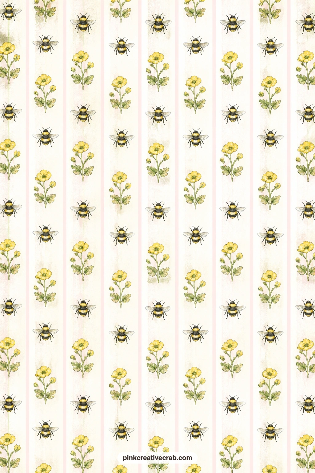 Striped Bumblebee And Buttercup Pattern printable page — Soft stripes alternate with bumblebees and buttercups, ready for a journal cover, a pocket lining or