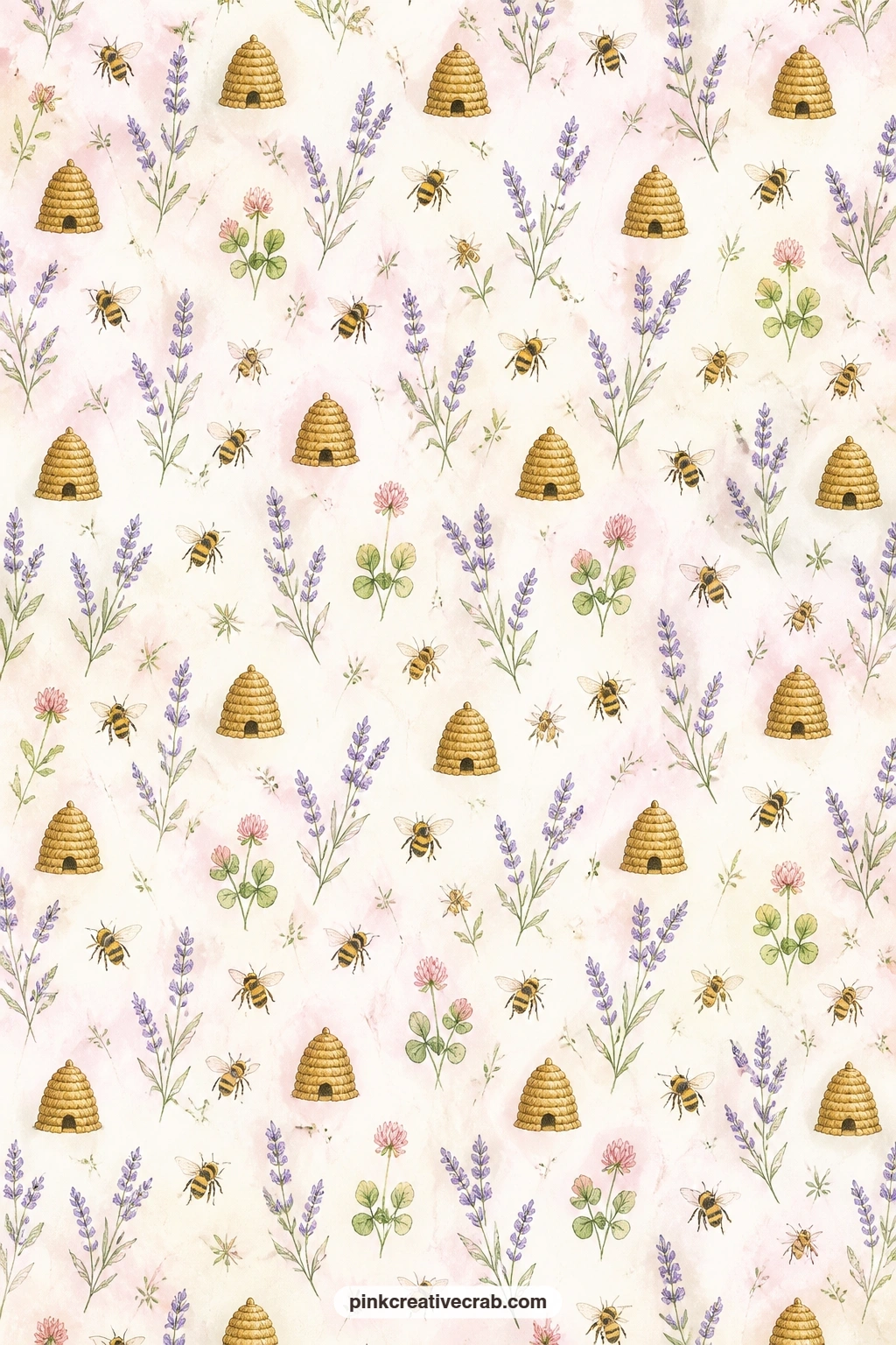 Skep Hive And Lavender Sprig Background printable page — Small skep hives and lavender sprigs repeat quietly across the page, suited to a cover, a pocket