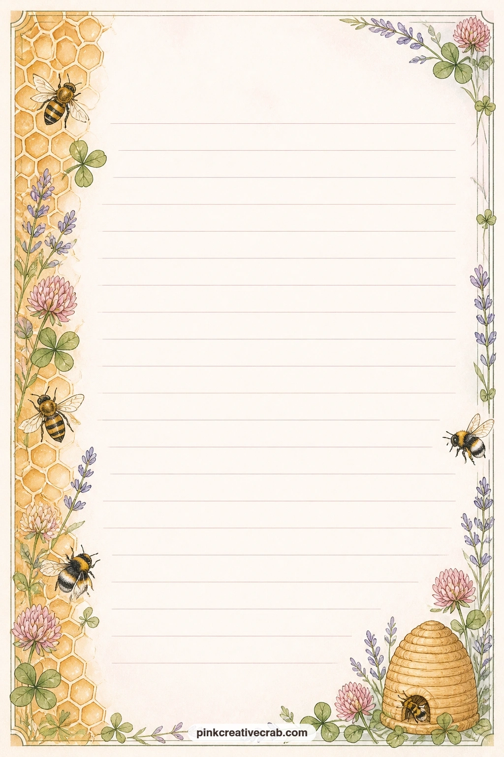 Honeycomb Edge Lined Page printable page — A honeycomb border runs along one edge of this page, leaving the ruled lines free for a gift list, a honey cake