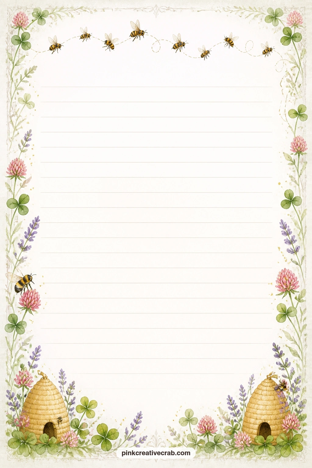 Buzzing Bee Trail Lined Page printable page — A trail of small bees drifts along the top of this page, ready for a letter to next year, a garden to-do list or