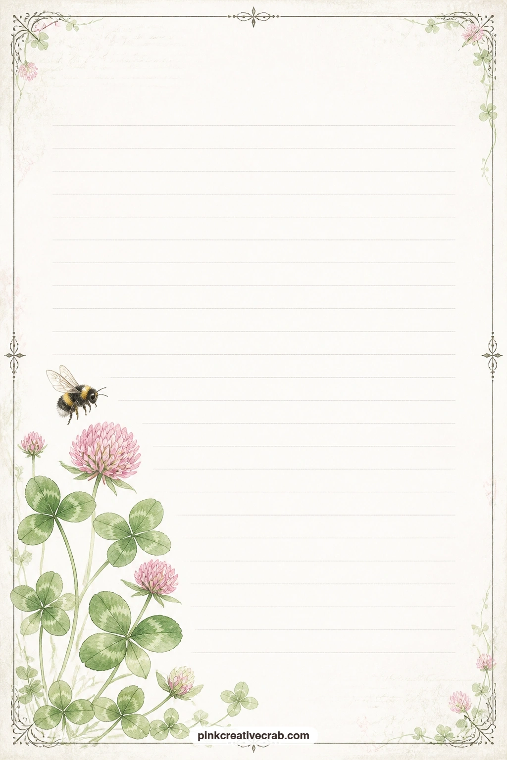 Clover And Bumblebee Corner Lined Page printable page — Clover leaves and a small bumblebee fill one corner of this page, suited to a menu for a garden lunch