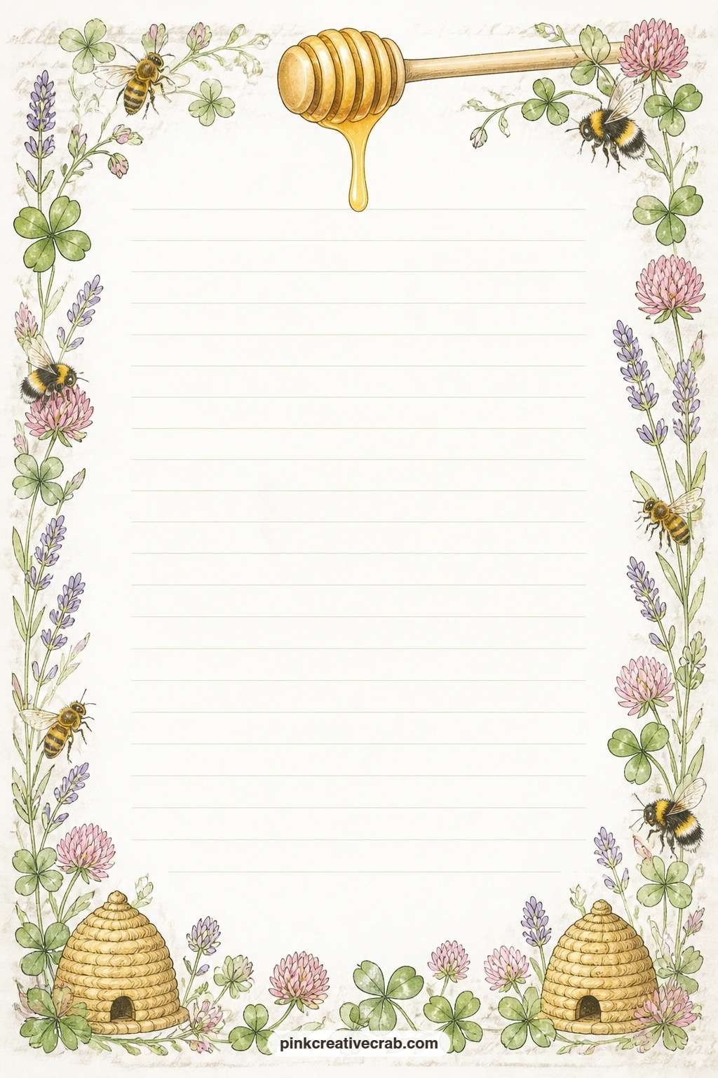 Honey Dipper Drip Lined Page printable page — A honey dipper drips gently along the header of this page, good for a recipe, a gift list for a honey themed