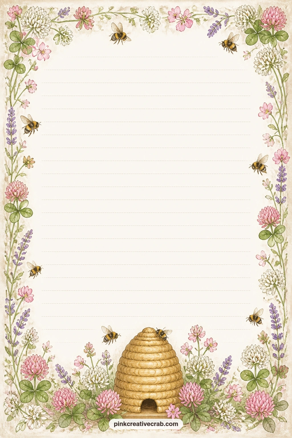 Skep Hive And Flower Frame Lined Page printable page — A skep hive and a frame of small flowers border this page, ready for a letter to a future reader, a list