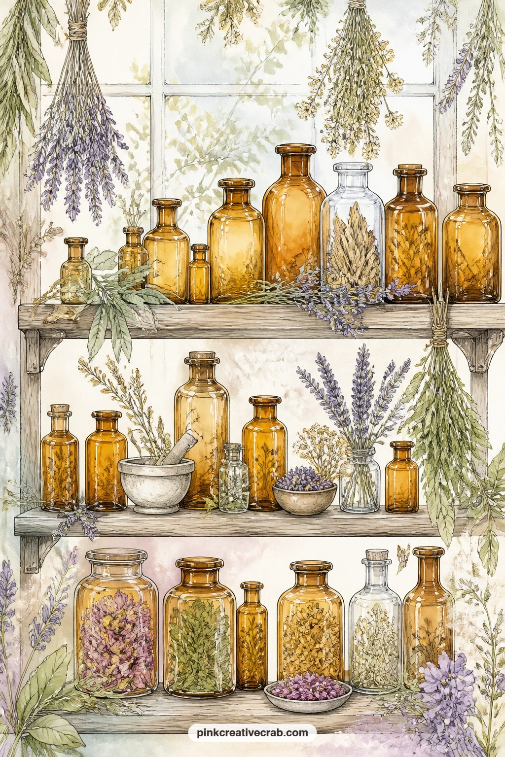 Shelves Of Amber Bottles printable page — Rows of amber glass bottles on wooden shelves with drying herbs sit well on a page where you glue in a small