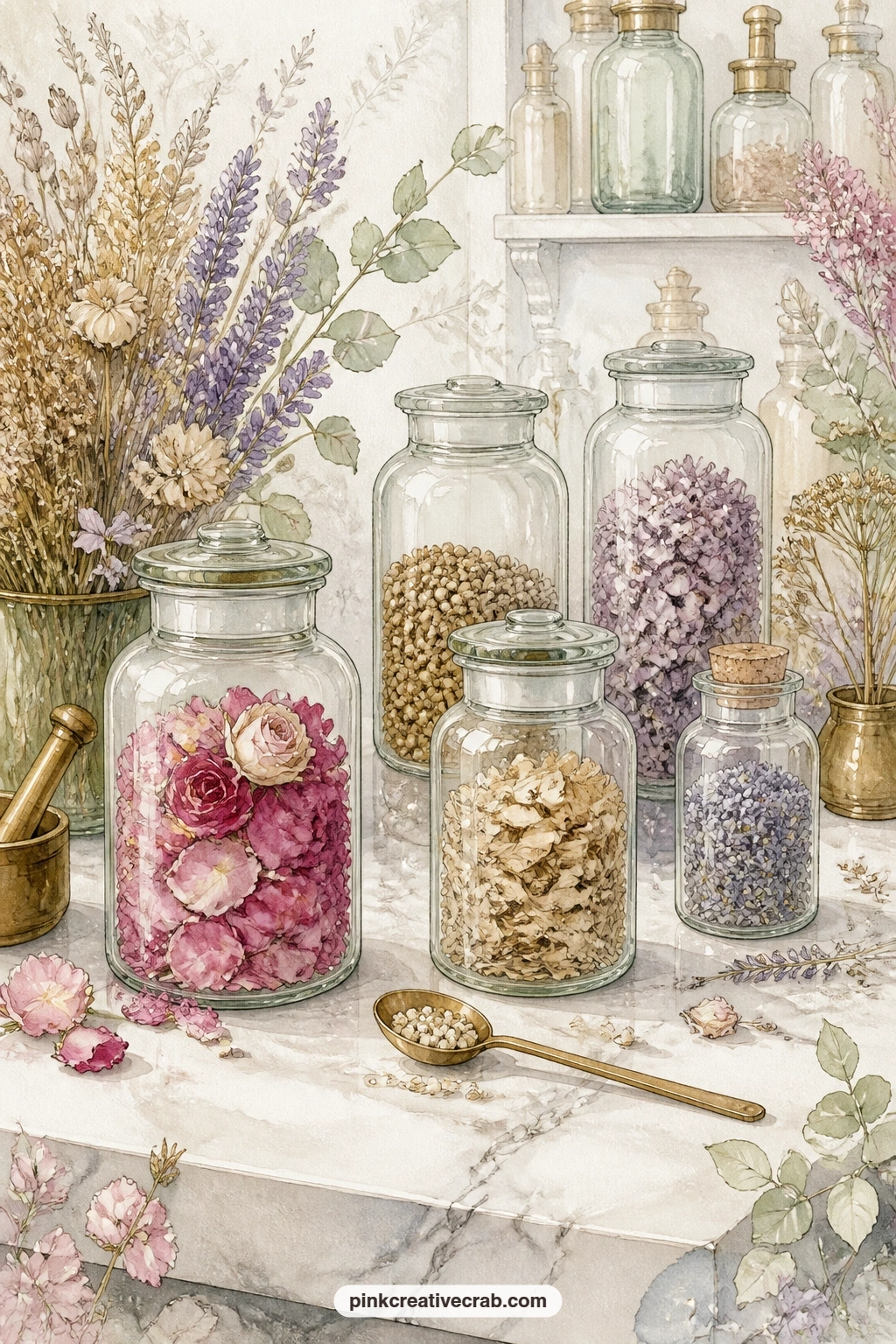 Marble Counter Of Jars printable page — A marble counter with glass jars of petals, roots and seeds gives you room to write a short list in the corner: three