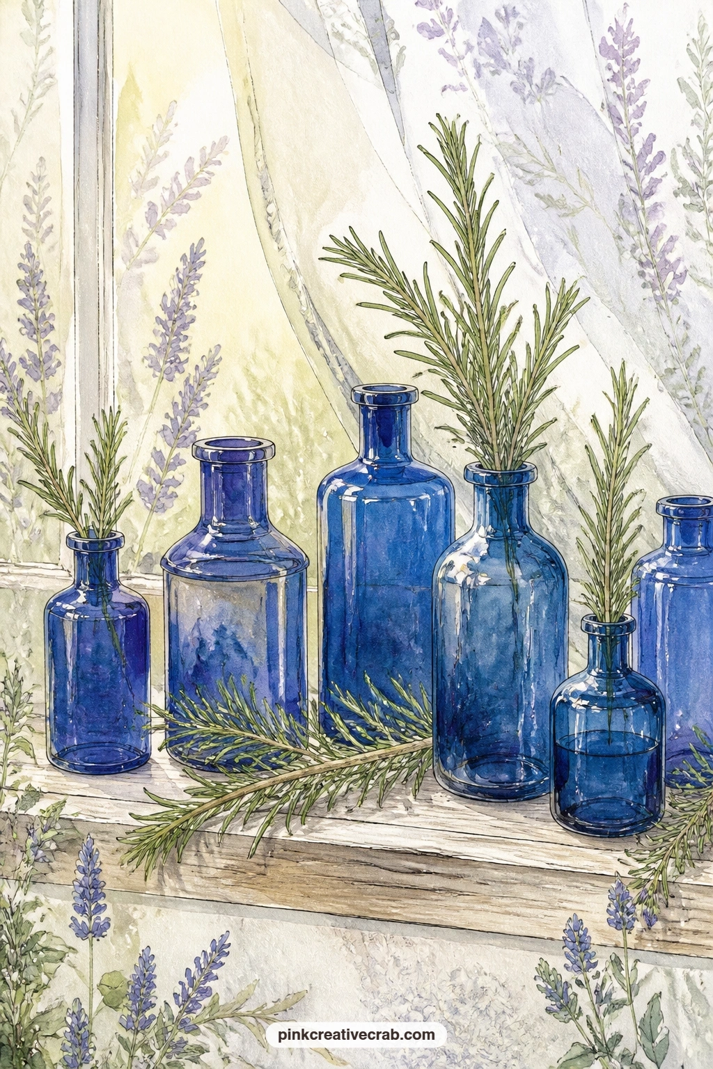 Cobalt Bottles On The Sill printable page — Cobalt blue bottles on a sunny windowsill with sprigs of rosemary work best early in a spread, since the window