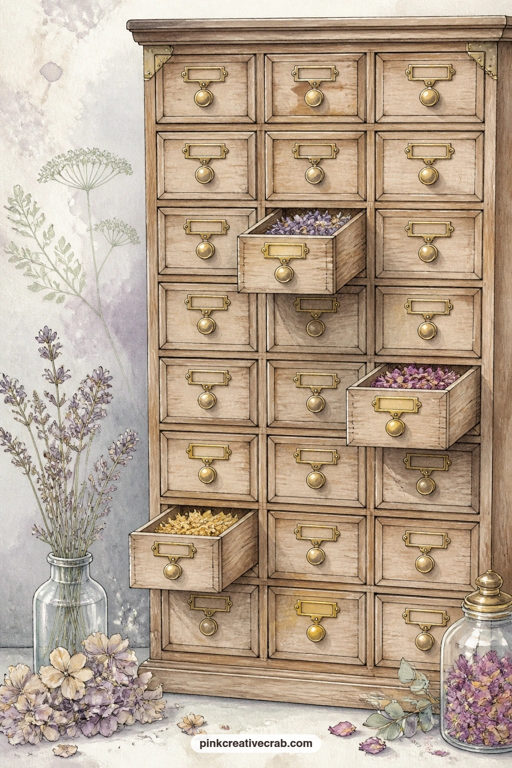 Cabinet Of Little Drawers printable page — The usual mistake with a wooden apothecary cabinet with many little drawers and brass knobs is drawing so much