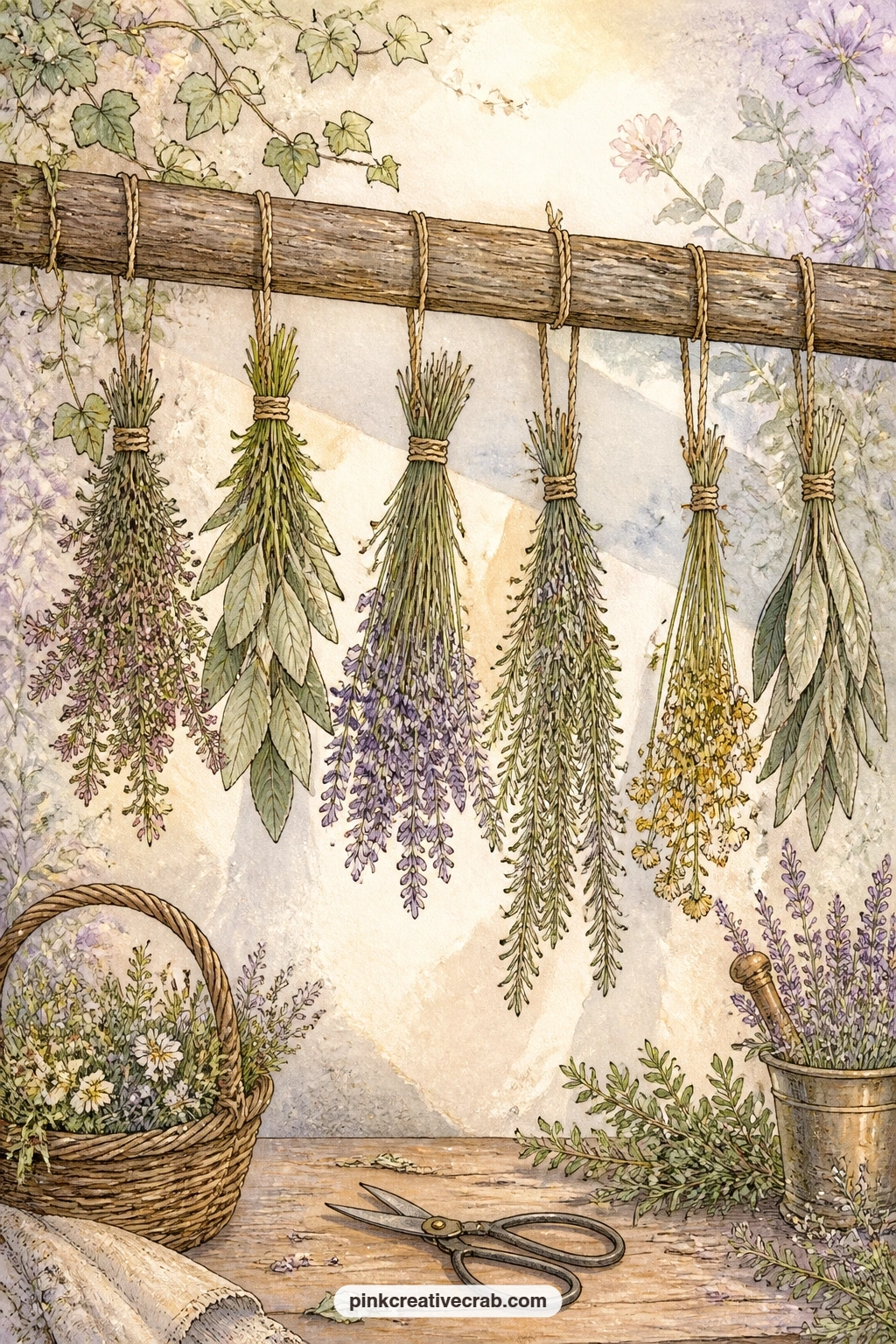 Herbs Hanging From A Beam printable page — Bundles of herbs hanging from a beam above a work table suit a gift journal for a friend who gardens or cooks, since