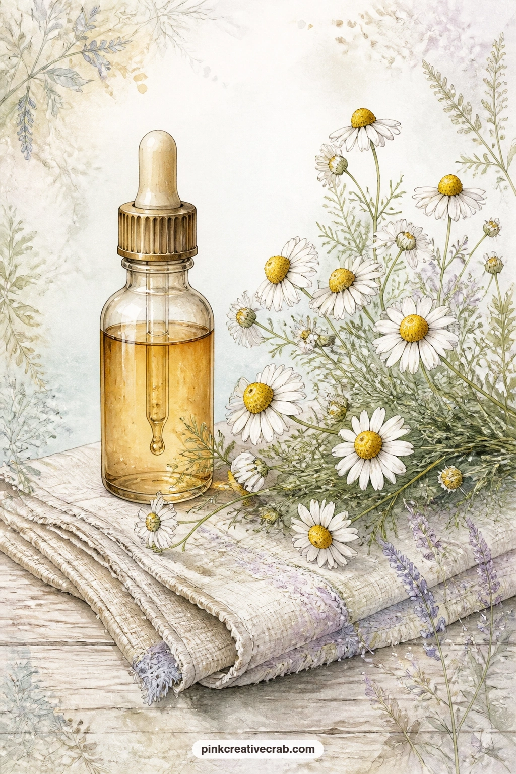 Dropper Bottle And Chamomile printable page — What question would you ask a page like this: a glass dropper bottle beside chamomile flowers and a linen cloth
