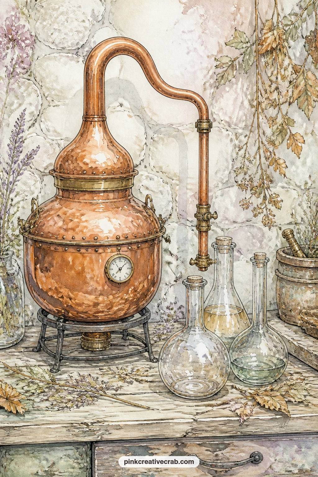 Copper Still On The Bench printable page — A copper still with glass flasks on an old workbench rewards whoever likes layering foil or metallic pens over