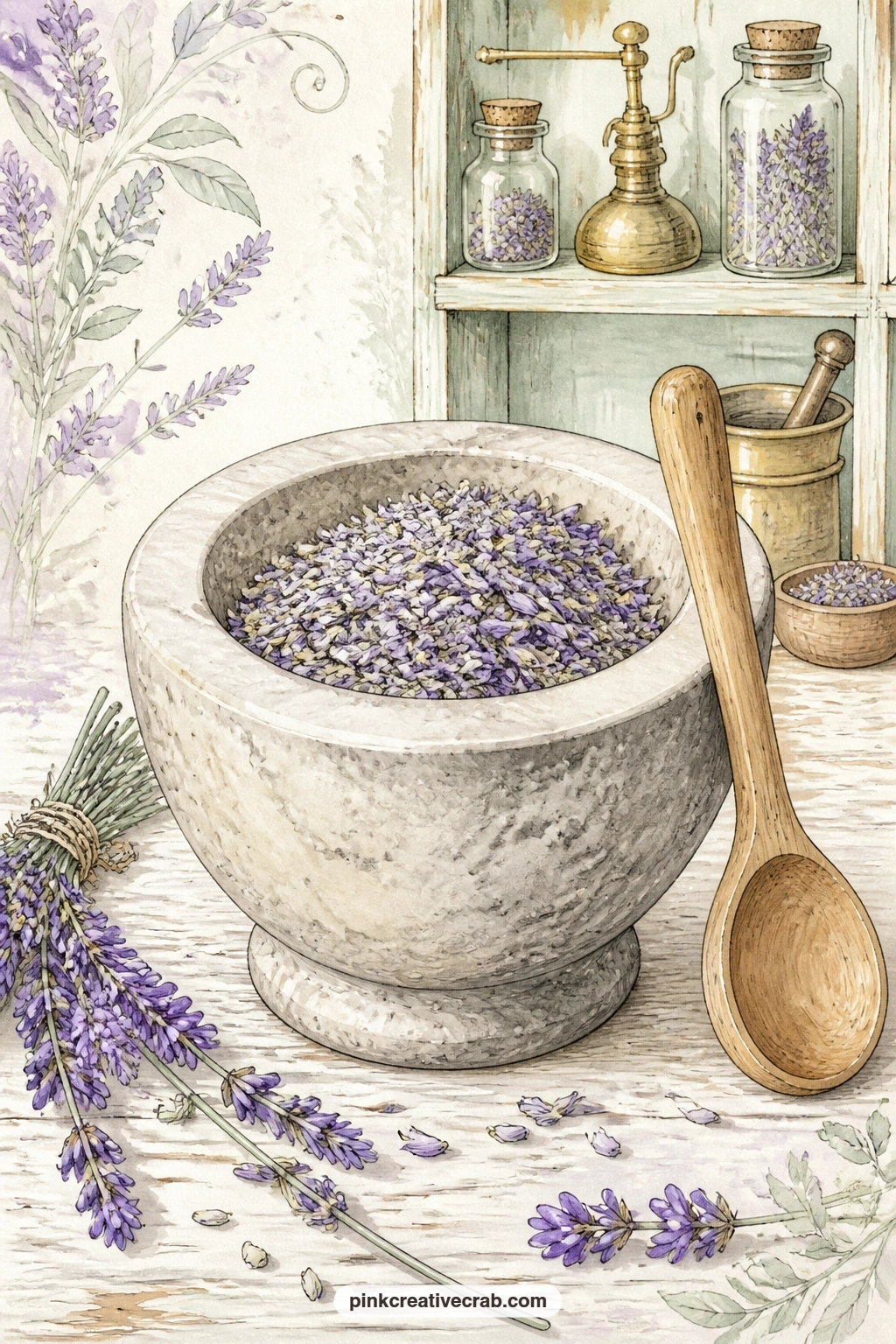 Mortar Of Lavender Buds printable page — Glue a small paper tag with the date onto this page, since a mortar full of lavender buds beside a wooden spoon makes