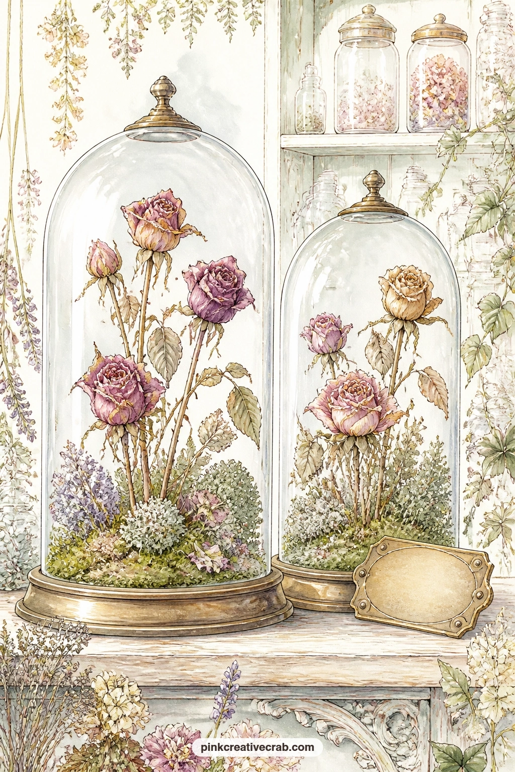 Cloches Over Dried Roses printable page — Glass cloches over dried roses and moss on a shelf sit at exactly 50 to 70 words of description if you let the dome