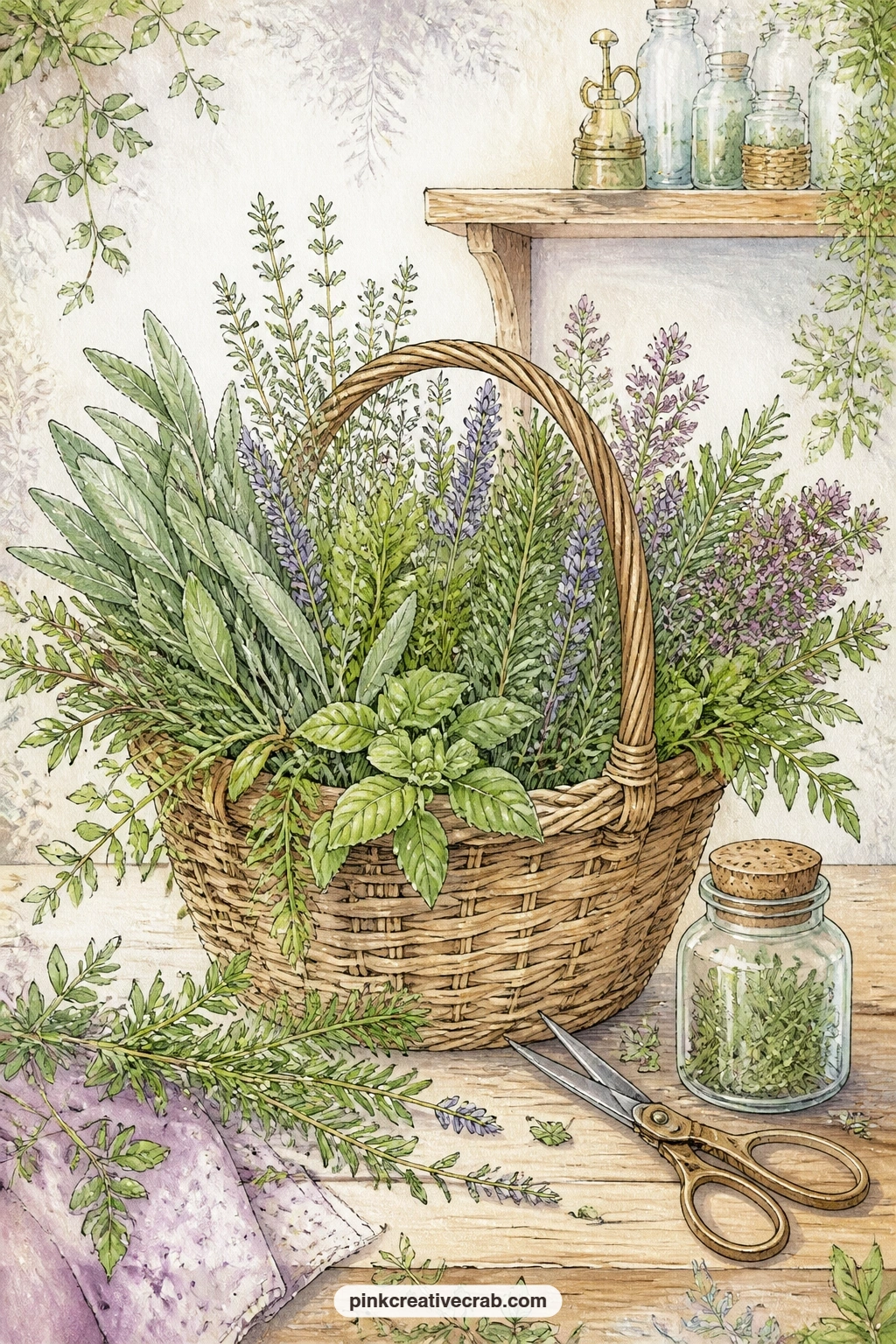 Basket Of Fresh Herbs printable page — A wicker basket of fresh herbs on the apothecary counter gives beginners an easy page to start with, since the rounded