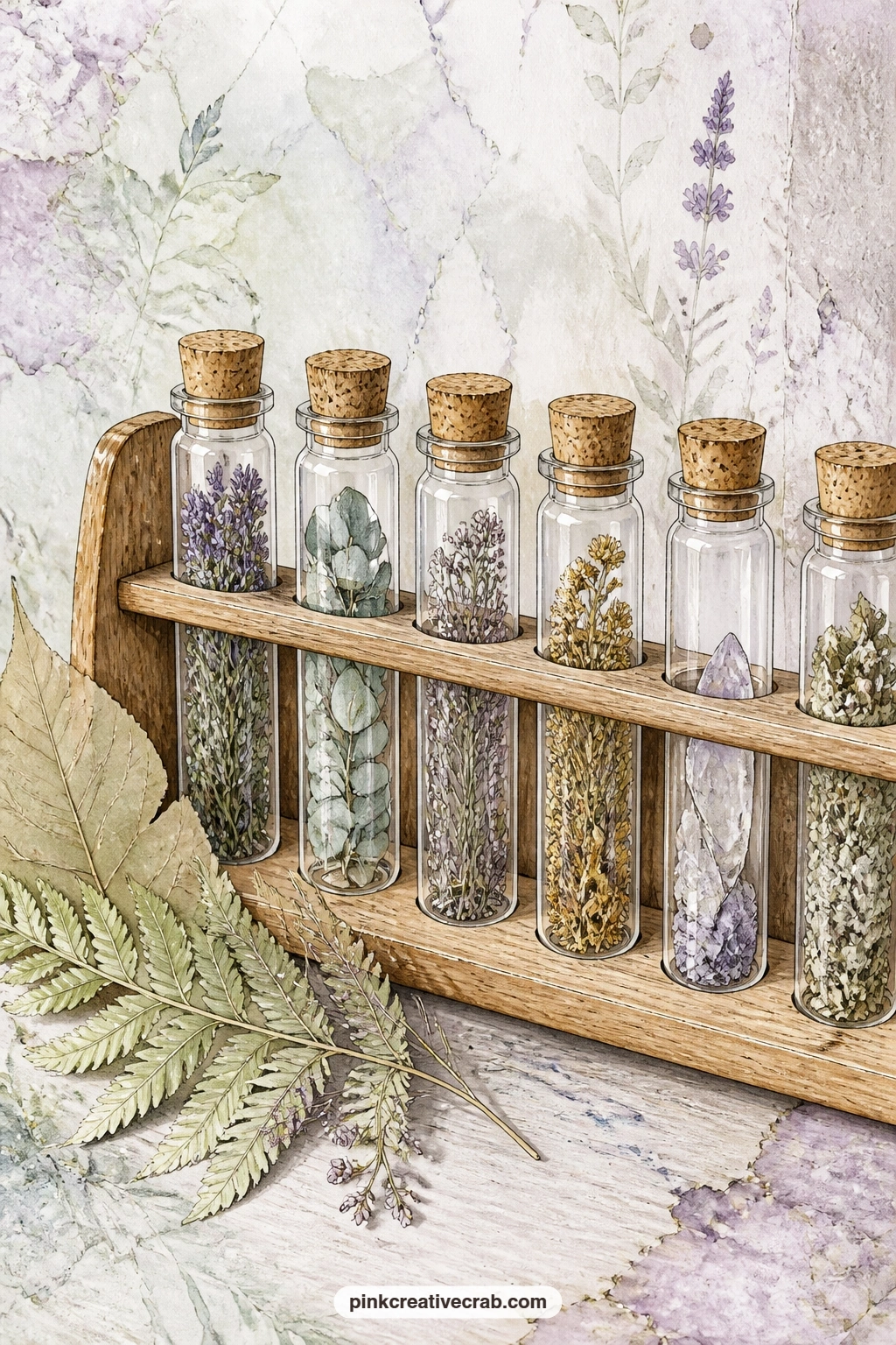 Vials In A Wooden Rack printable page — Small corked vials in a wooden rack with pressed leaves pair well with the pressed herbs and apothecary jars background
