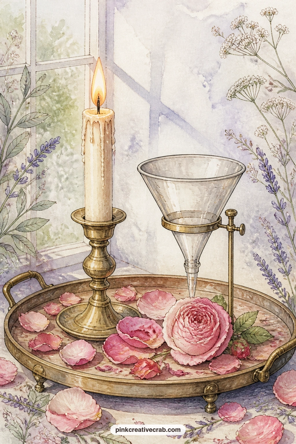 Candle And Rose Petals printable page — A candle, a glass funnel and rose petals on a tray leaves enough open table space to tear the bottom edge of the page