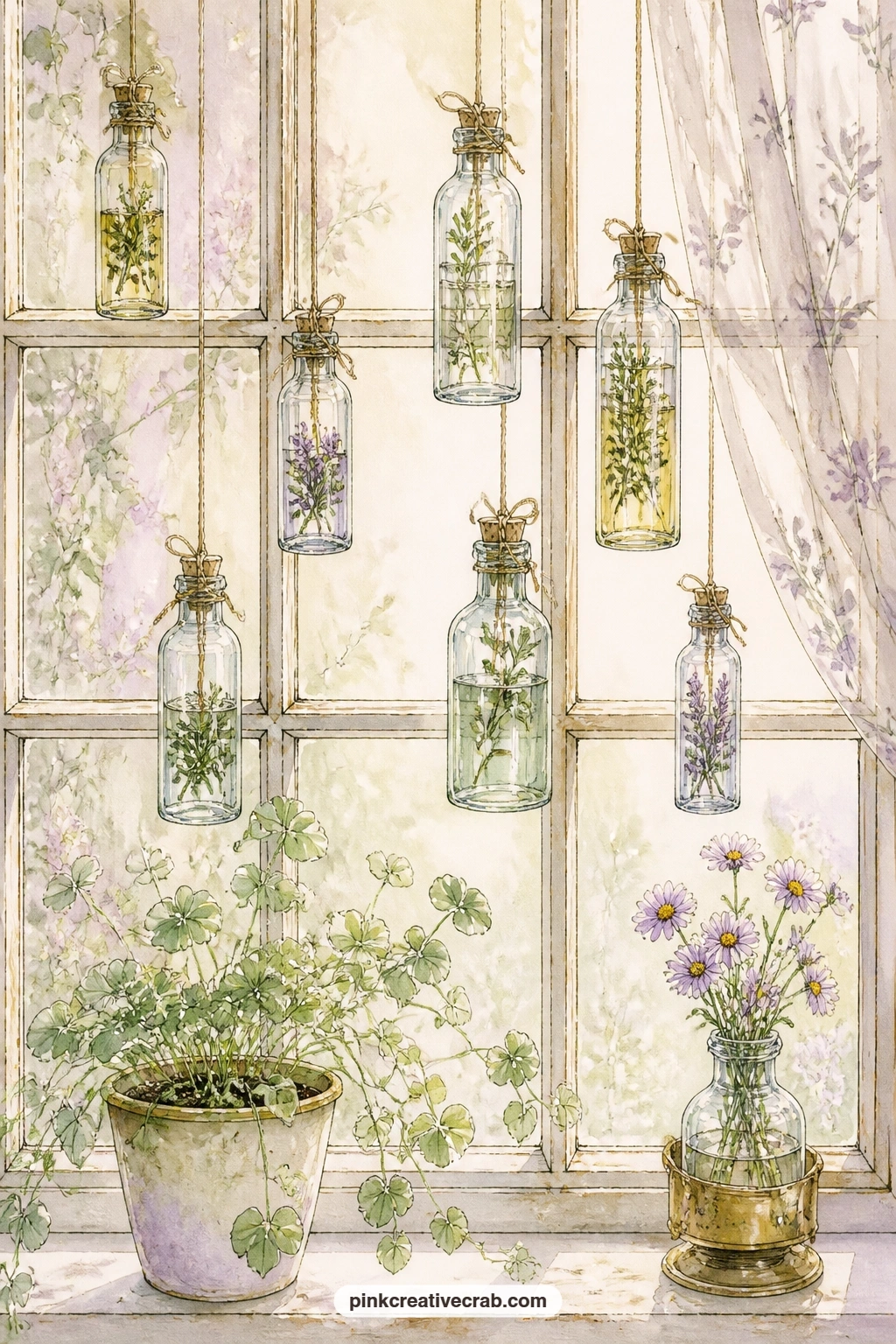 Window Of Hanging Bottles printable page — An apothecary window with hanging bottles catching sunlight asks for a short prompt in the margin: what does morning