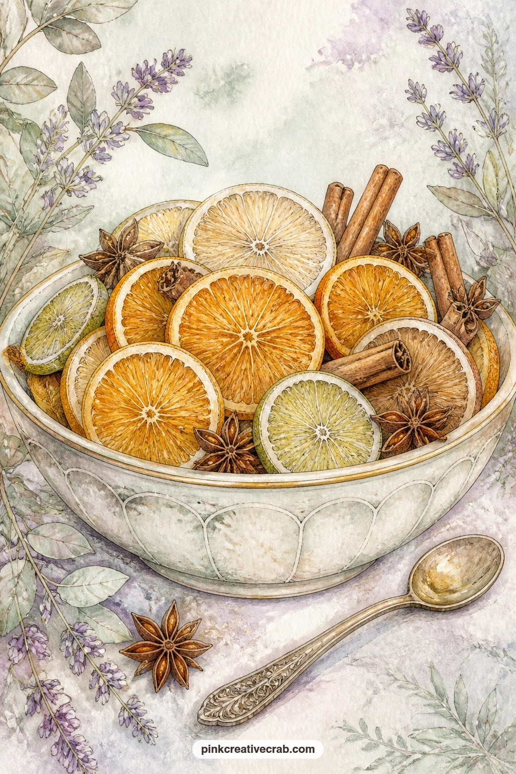 Bowl Of Citrus And Spice printable page — A bowl of dried citrus slices, cinnamon sticks and star anise makes a warm page for a gift journal meant for someone