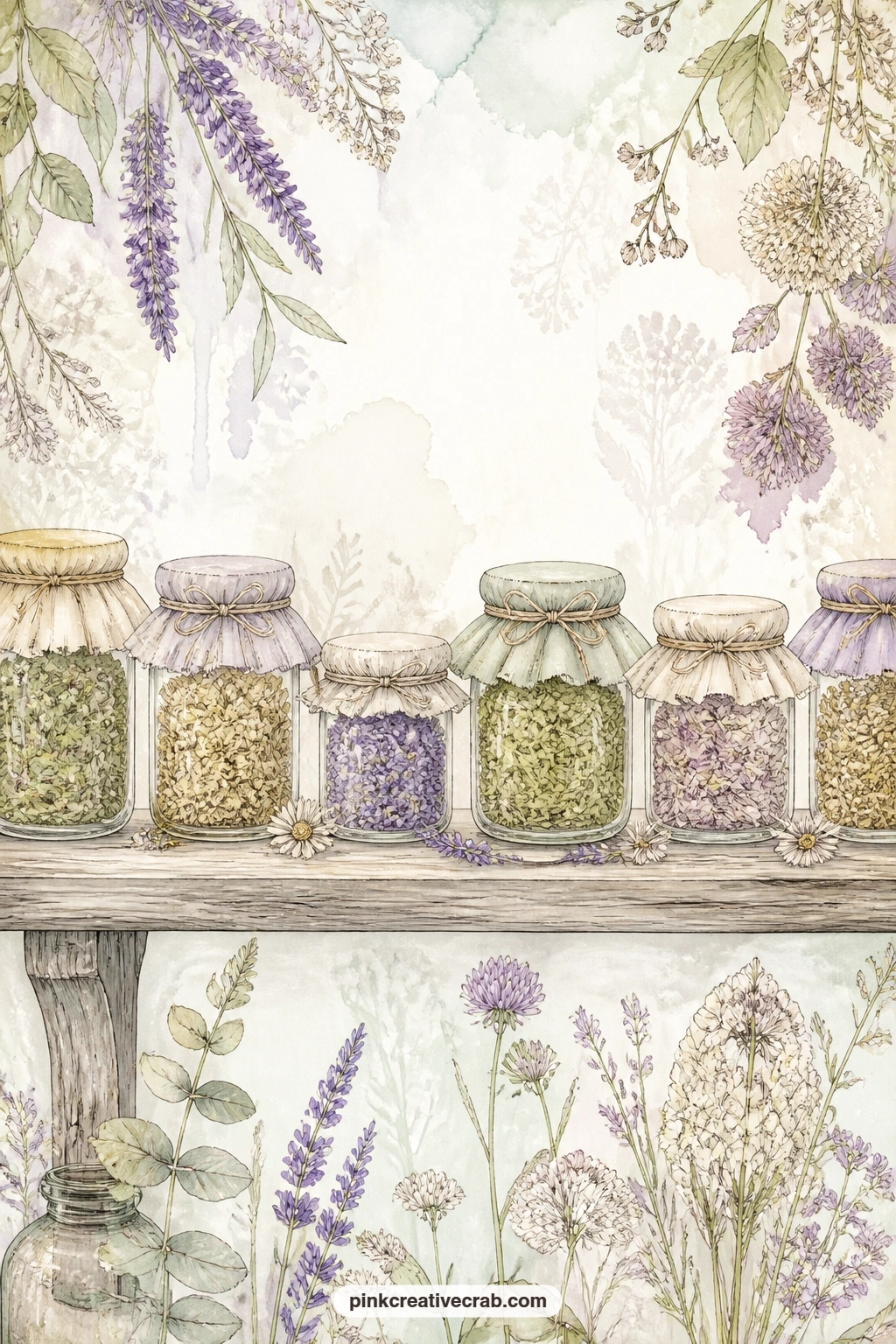 Salve Jars Tied With String printable page — Jars of salves with cloth covers tied with string suit the tea-staining technique well, since a light wash along
