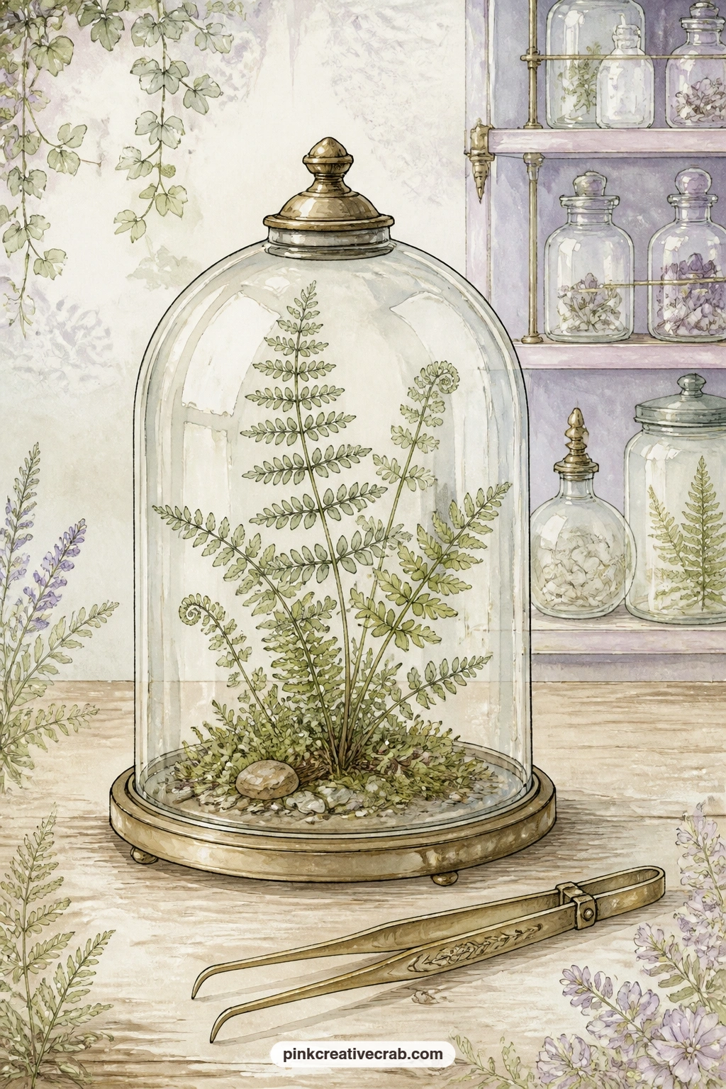 Bell Jar And Brass Tweezers printable page — A vintage bell jar with a fern beside brass tweezers works as a quiet page for someone who collects plants more