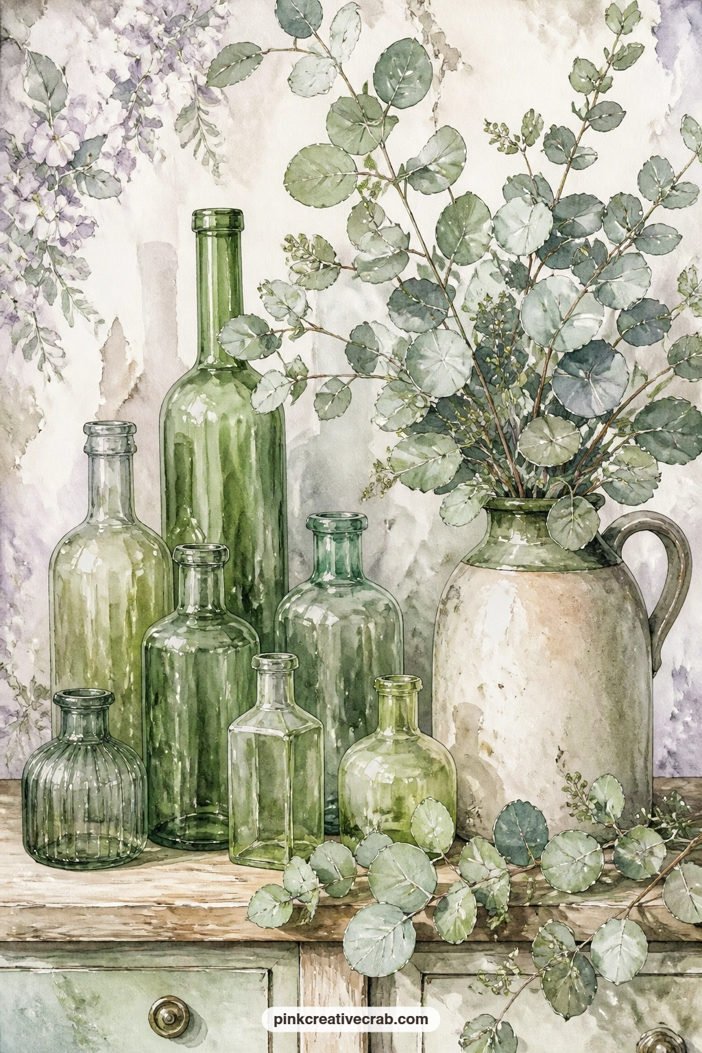 Green Bottles And Eucalyptus printable page — Green glass bottles and eucalyptus in a stoneware jug cover the whole sheet in cool tones, a useful page to break