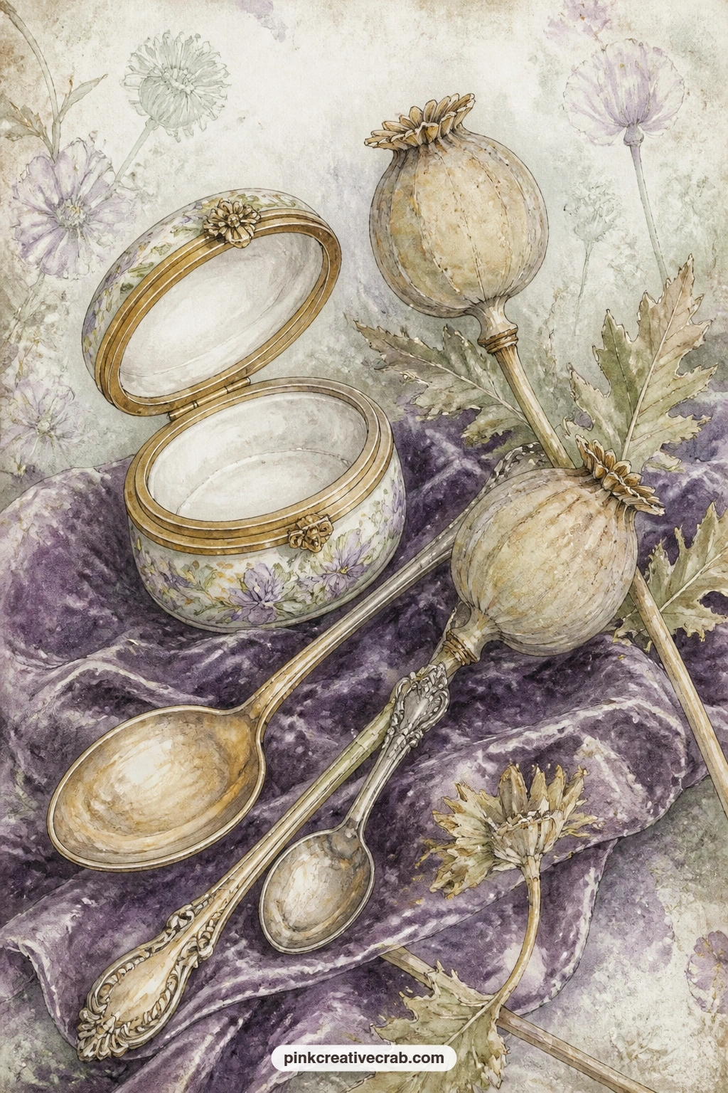 Pill Box And Poppy Heads printable page — A porcelain pill box, spoons and dried poppy heads on velvet suit a page where you glue in a small keepsake, a button