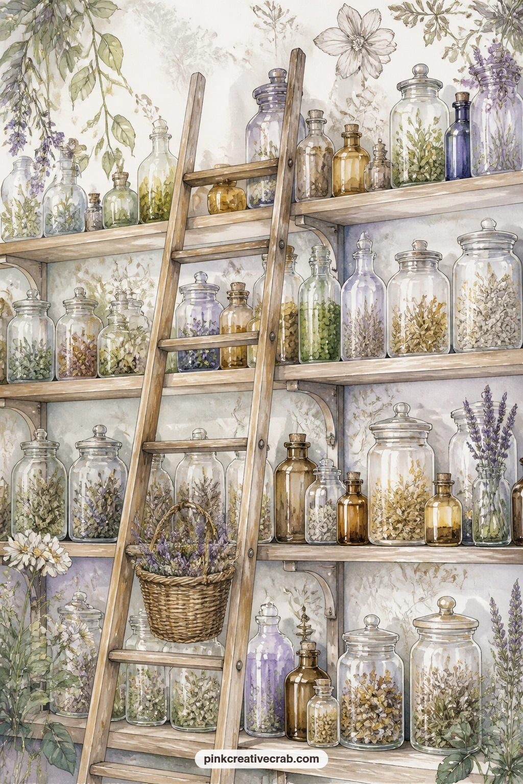 Ladder Against The Shelves printable page — A ladder against apothecary shelves of jars and bottles gives the whole page height, so it suits the first sheet of