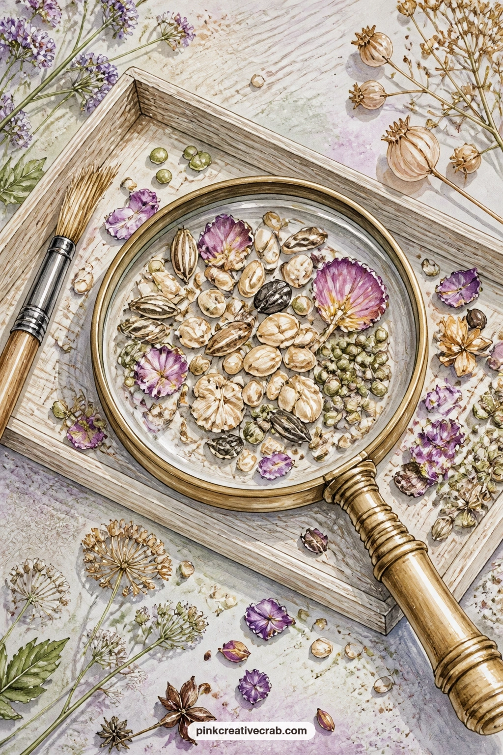 Magnifier Over Seeds printable page — A brass magnifier over seeds and petals on a wooden tray pairs naturally with a short list written beside it: seeds you
