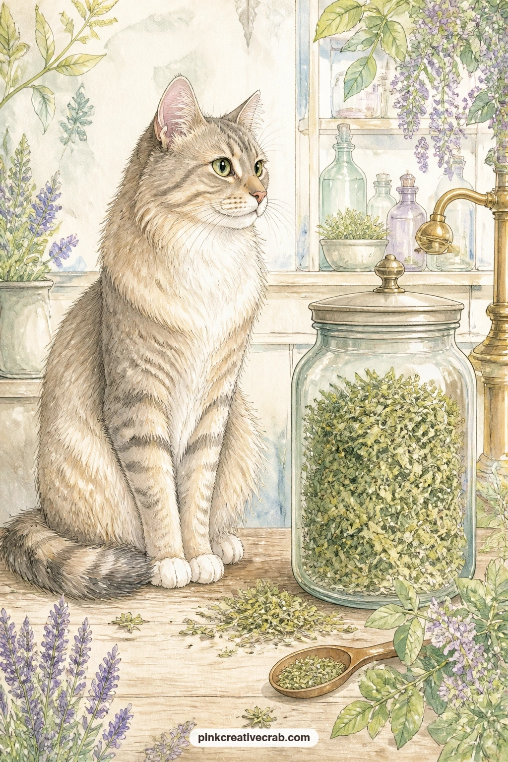 Cat Beside The Catnip Jar printable page — A cat sitting on the apothecary counter beside a jar of catnip closes this section on a lighter note, a gentle page