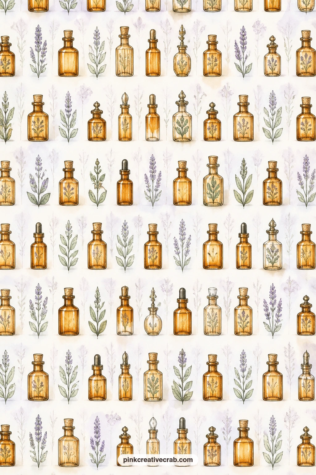 Amber Bottles Pattern printable page — Amber apothecary bottles pattern works well under a photo of a kitchen garden, as a pocket lining behind a scene page