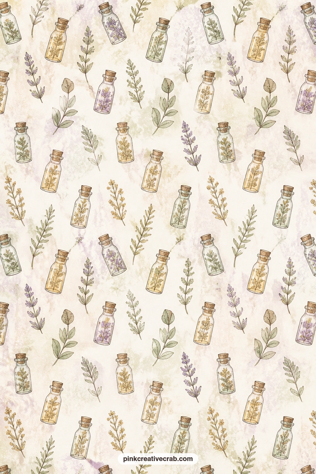 Vials And Herbs Pattern printable page — Tiny glass vials and herbs pattern suits a pocket for pressed flowers, a lining behind a lined writing page, or a