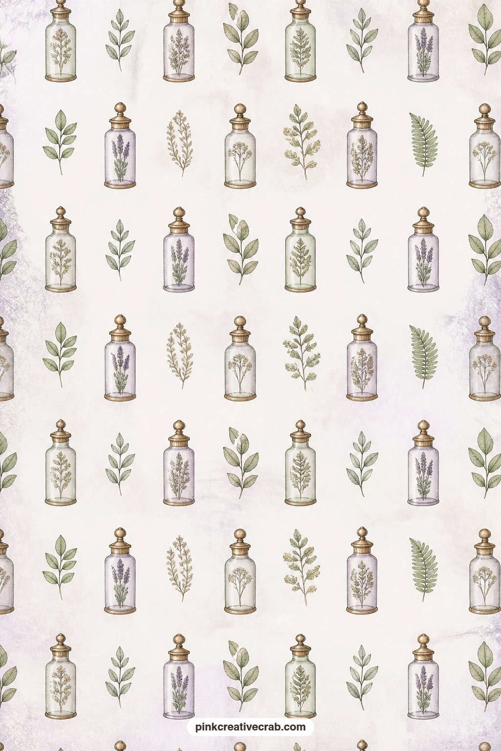 Pressed Herbs And Jars Pattern printable page — Pressed herbs and apothecary jars background paper suits a journal cover, a divider between sections, or a